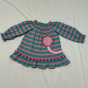 ZUCCINI Pink and Green Striped Dress w/ Crochet Flower 12M